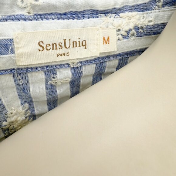 SENSUNIQ PARIS Cotton Striped Blue White Buttoned Up Embroided Floral Shirt sz M - Picture 5 of 7